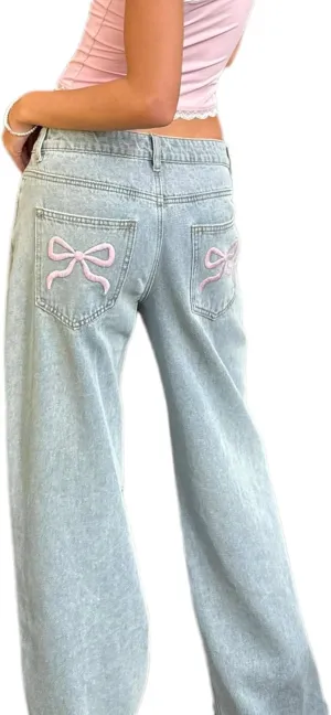 Women's Bow Embroidered Jeans High Waist Straight Leg Baggy Denim Pants Casual Y2k Trousers with Pockets