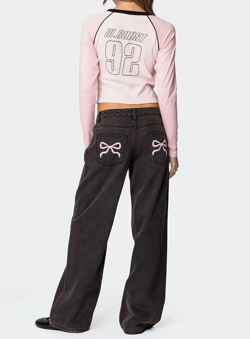 Women's Bow Embroidered Jeans High Waist Straight Leg Baggy Denim Pants Casual Y2k Trousers with Pockets