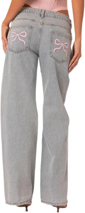 Women's Bow Embroidered Jeans High Waist Straight Leg Baggy Denim Pants Casual Y2k Trousers with Pockets