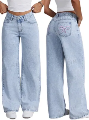 Women's Bow Embroidered Jeans High Waist Straight Leg Baggy Denim Pants Casual Y2k Trousers with Pockets