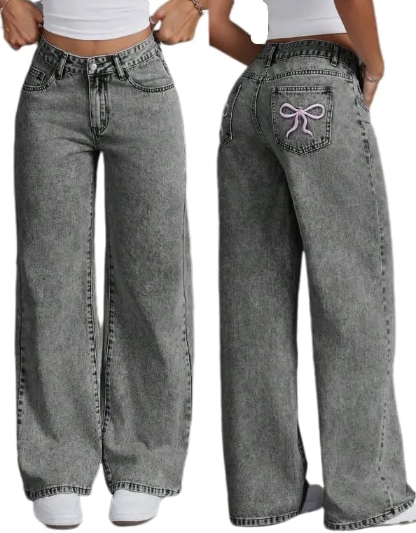 Women's Bow Embroidered Jeans High Waist Straight Leg Baggy Denim Pants Casual Y2k Trousers with Pockets