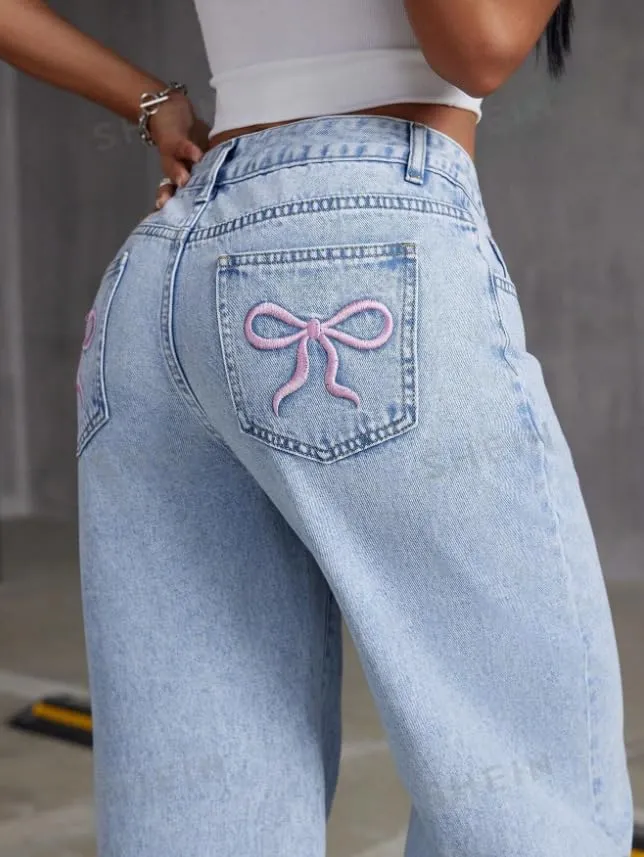 Women's Bow Embroidered Jeans High Waist Straight Leg Baggy Denim Pants Casual Y2k Trousers with Pockets
