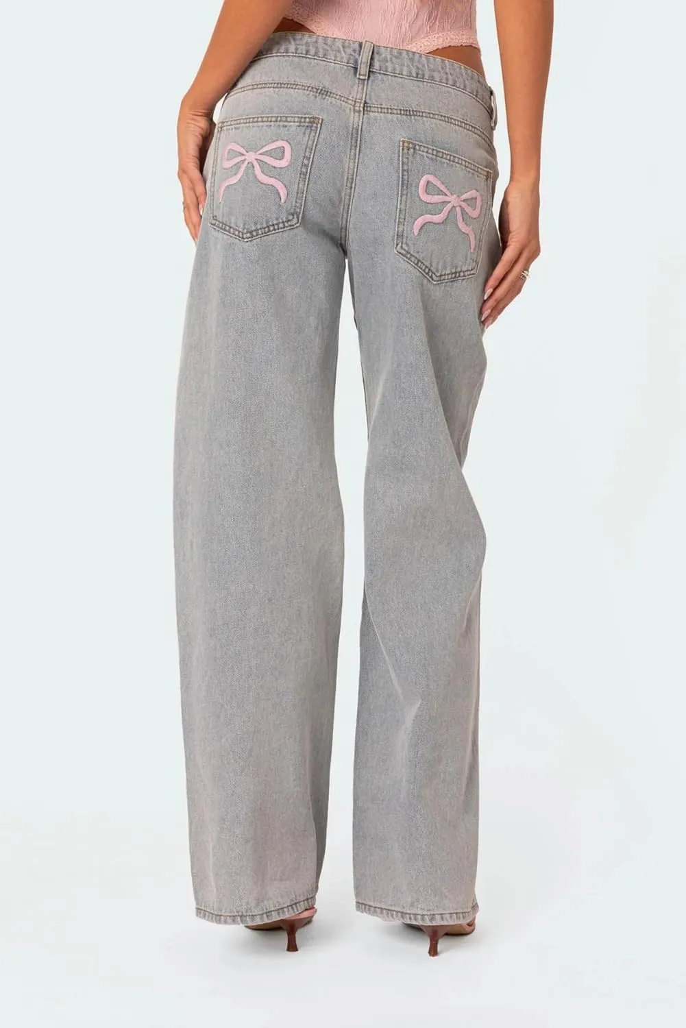 Women's Bow Embroidered Jeans High Waist Straight Leg Baggy Denim Pants Casual Y2k Trousers with Pockets
