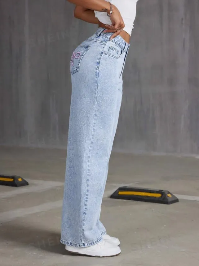 Women's Bow Embroidered Jeans High Waist Straight Leg Baggy Denim Pants Casual Y2k Trousers with Pockets