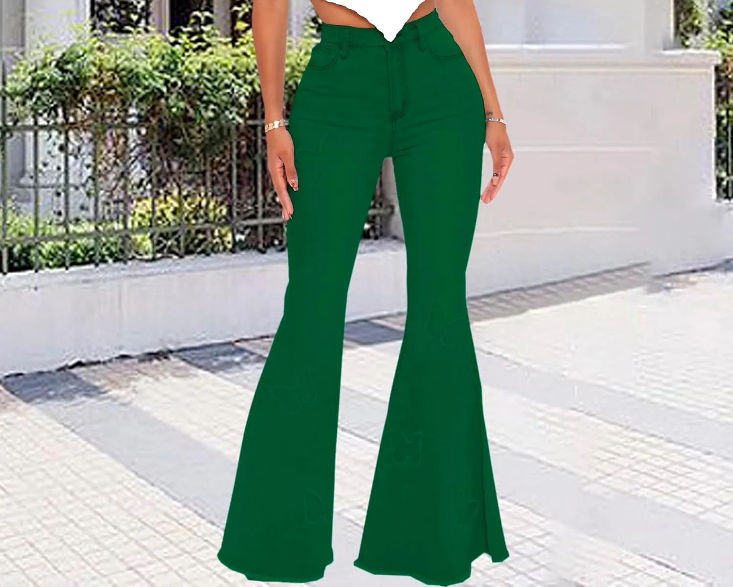 Women's Butterfly Bell Bottom Jeans Elastic High Waisted Embroidered Classic Flareed Jeans Raw Hem Denim Pants with Pocket