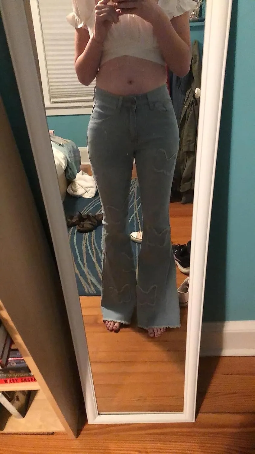 Women's Butterfly Bell Bottom Jeans Elastic High Waisted Embroidered Classic Flareed Jeans Raw Hem Denim Pants with Pocket