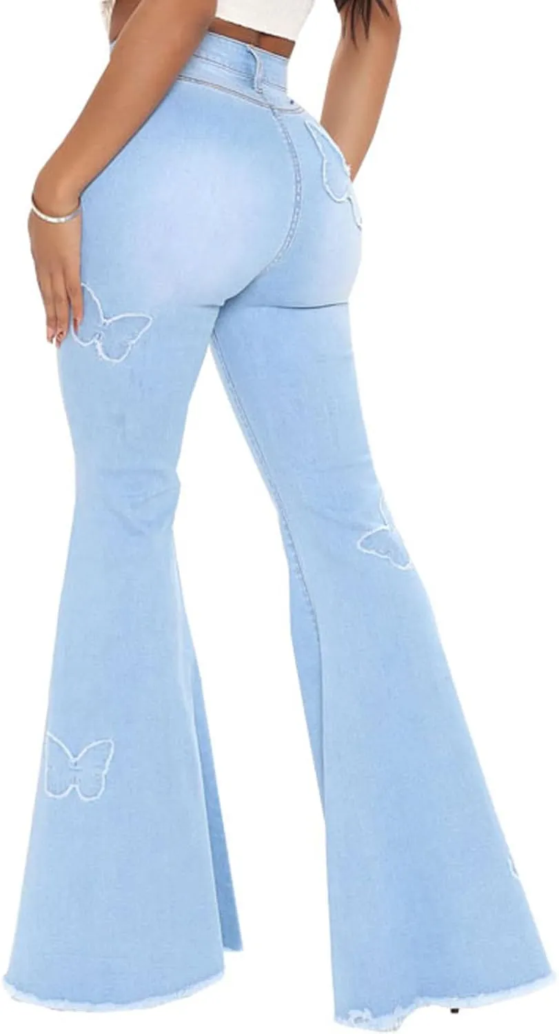 Women's Butterfly Bell Bottom Jeans Elastic High Waisted Embroidered Classic Flareed Jeans Raw Hem Denim Pants with Pocket