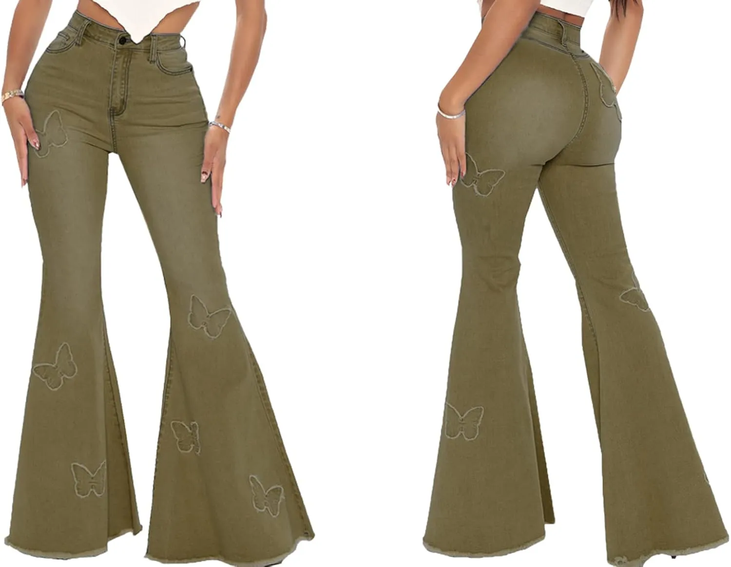 Women's Butterfly Bell Bottom Jeans Elastic High Waisted Embroidered Classic Flareed Jeans Raw Hem Denim Pants with Pocket