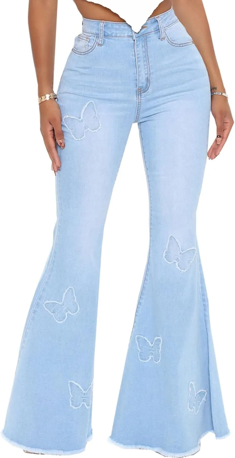 Women's Butterfly Bell Bottom Jeans Elastic High Waisted Embroidered Classic Flareed Jeans Raw Hem Denim Pants with Pocket