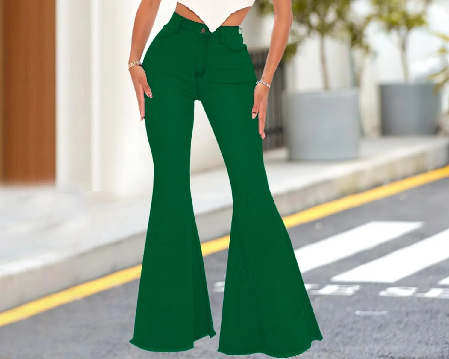 Women's Butterfly Bell Bottom Jeans Elastic High Waisted Embroidered Classic Flareed Jeans Raw Hem Denim Pants with Pocket