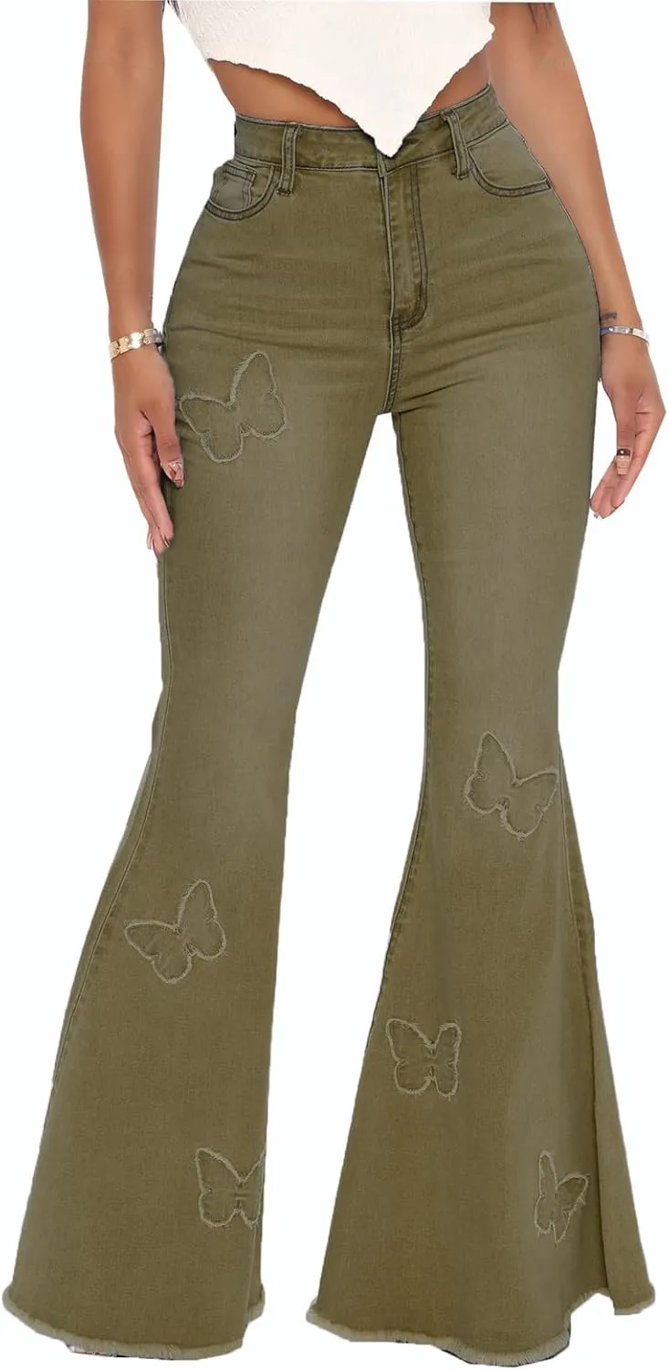 Women's Butterfly Bell Bottom Jeans Elastic High Waisted Embroidered Classic Flareed Jeans Raw Hem Denim Pants with Pocket