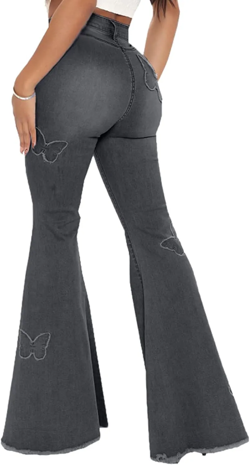 Women's Butterfly Bell Bottom Jeans Elastic High Waisted Embroidered Classic Flareed Jeans Raw Hem Denim Pants with Pocket