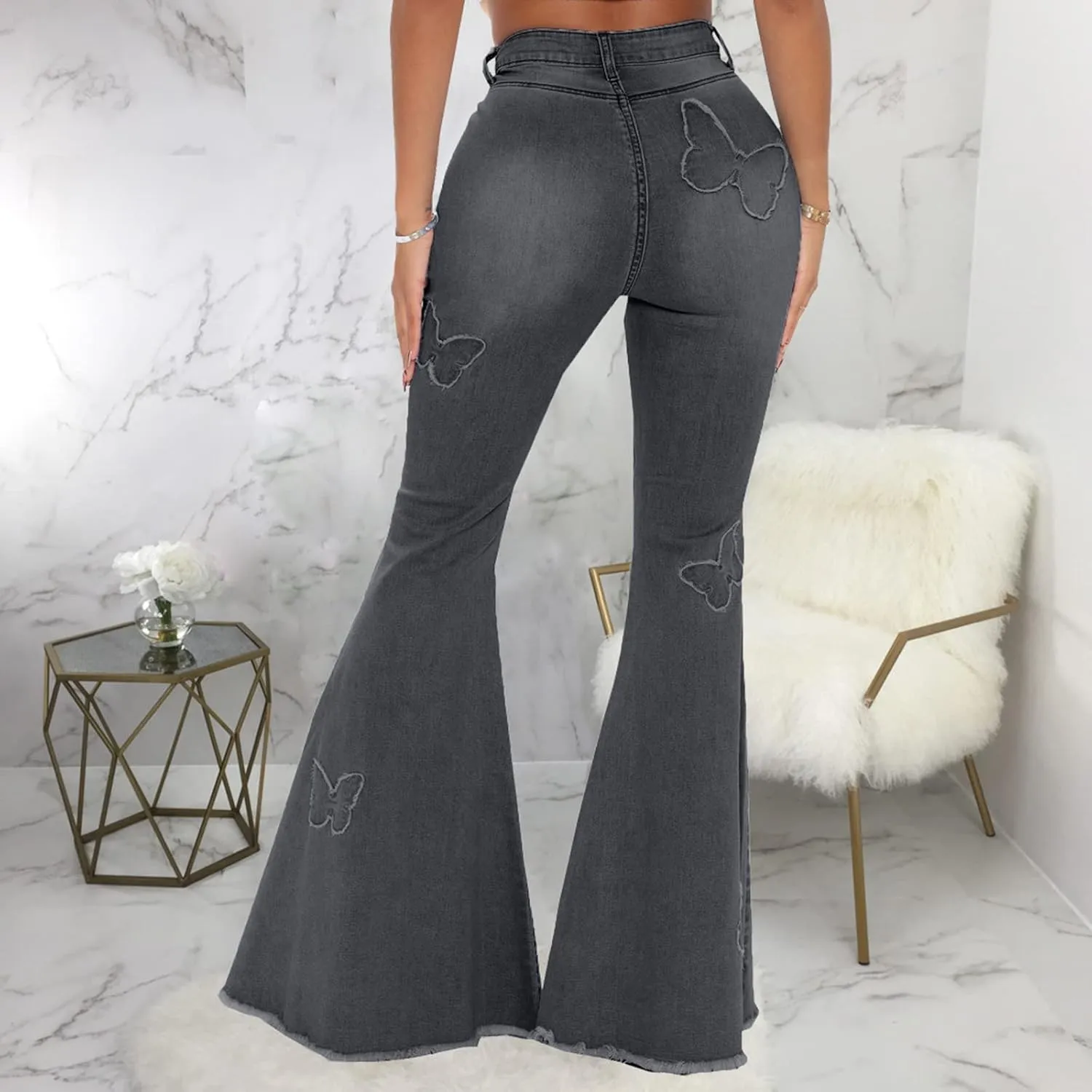 Women's Butterfly Bell Bottom Jeans Elastic High Waisted Embroidered Classic Flareed Jeans Raw Hem Denim Pants with Pocket