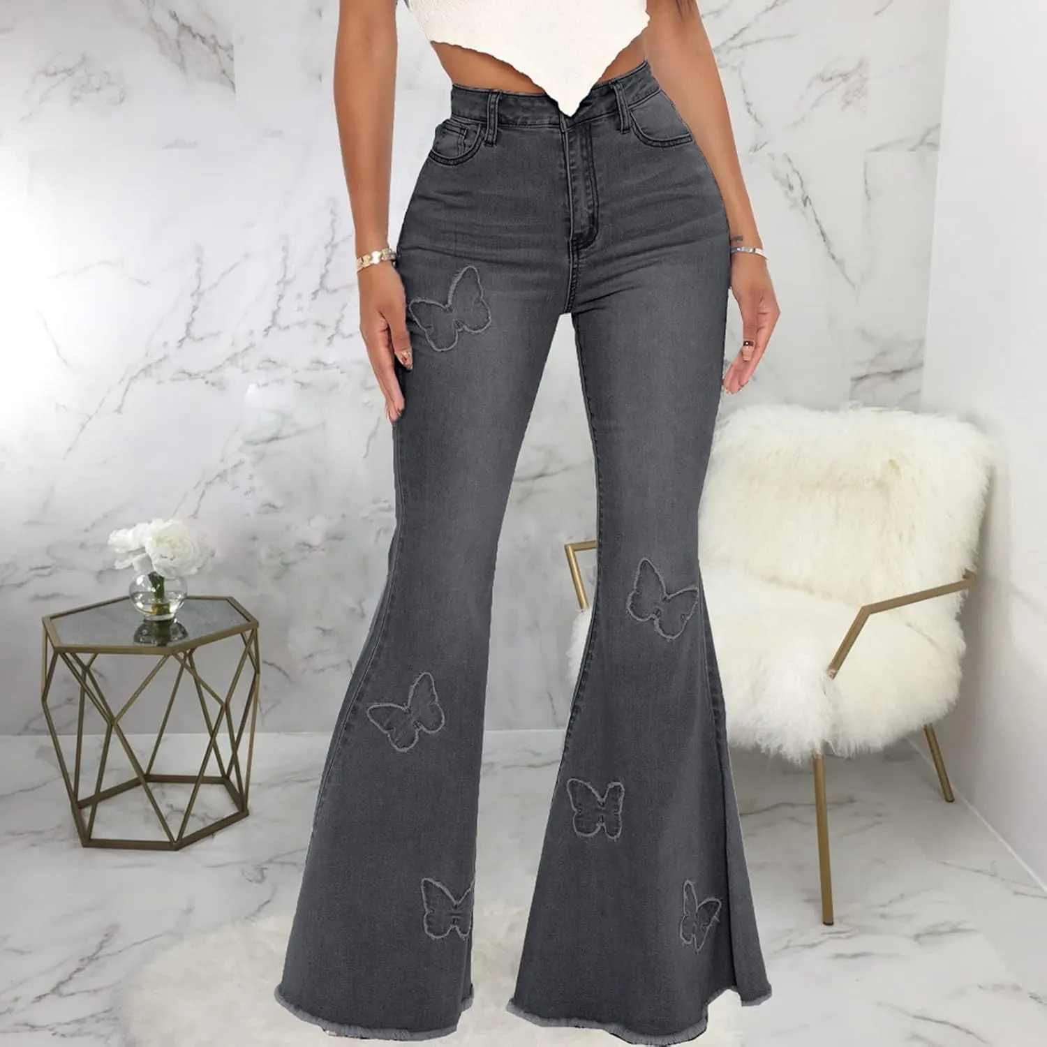 Women's Butterfly Bell Bottom Jeans Elastic High Waisted Embroidered Classic Flareed Jeans Raw Hem Denim Pants with Pocket