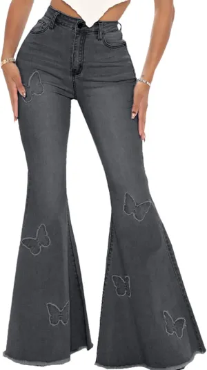 Women's Butterfly Bell Bottom Jeans Elastic High Waisted Embroidered Classic Flareed Jeans Raw Hem Denim Pants with Pocket
