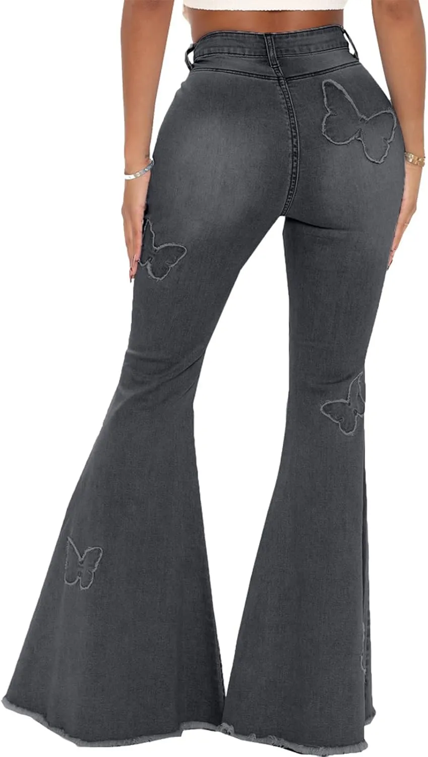 Women's Butterfly Bell Bottom Jeans Elastic High Waisted Embroidered Classic Flareed Jeans Raw Hem Denim Pants with Pocket
