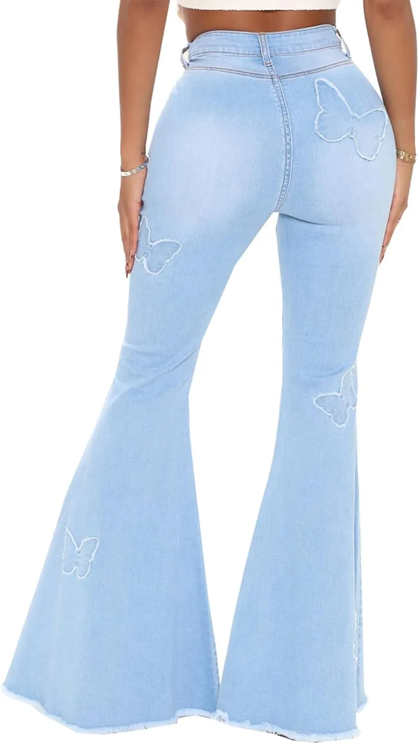 Women's Butterfly Bell Bottom Jeans Elastic High Waisted Embroidered Classic Flareed Jeans Raw Hem Denim Pants with Pocket
