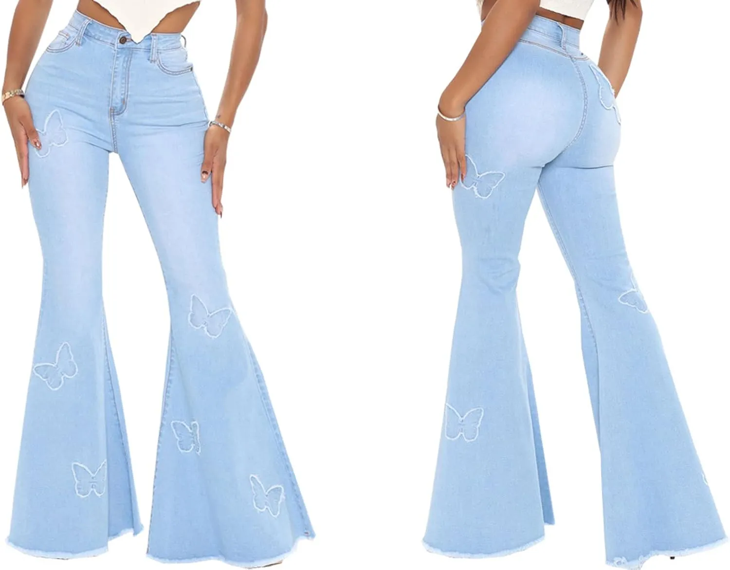 Women's Butterfly Bell Bottom Jeans Elastic High Waisted Embroidered Classic Flareed Jeans Raw Hem Denim Pants with Pocket