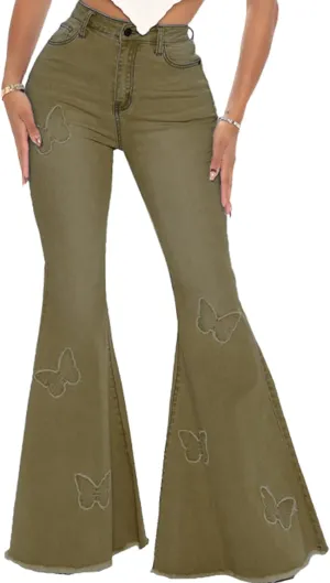 Women's Butterfly Bell Bottom Jeans Elastic High Waisted Embroidered Classic Flareed Jeans Raw Hem Denim Pants with Pocket