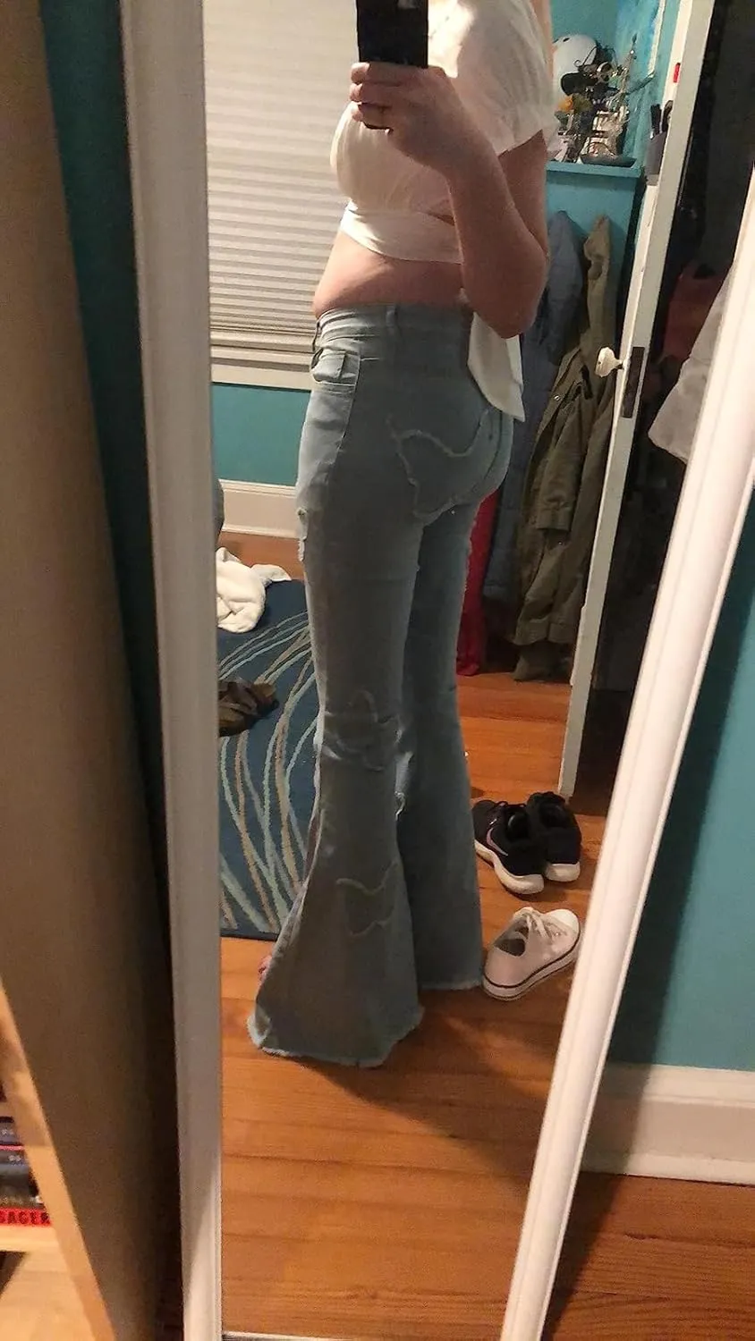 Women's Butterfly Bell Bottom Jeans Elastic High Waisted Embroidered Classic Flareed Jeans Raw Hem Denim Pants with Pocket