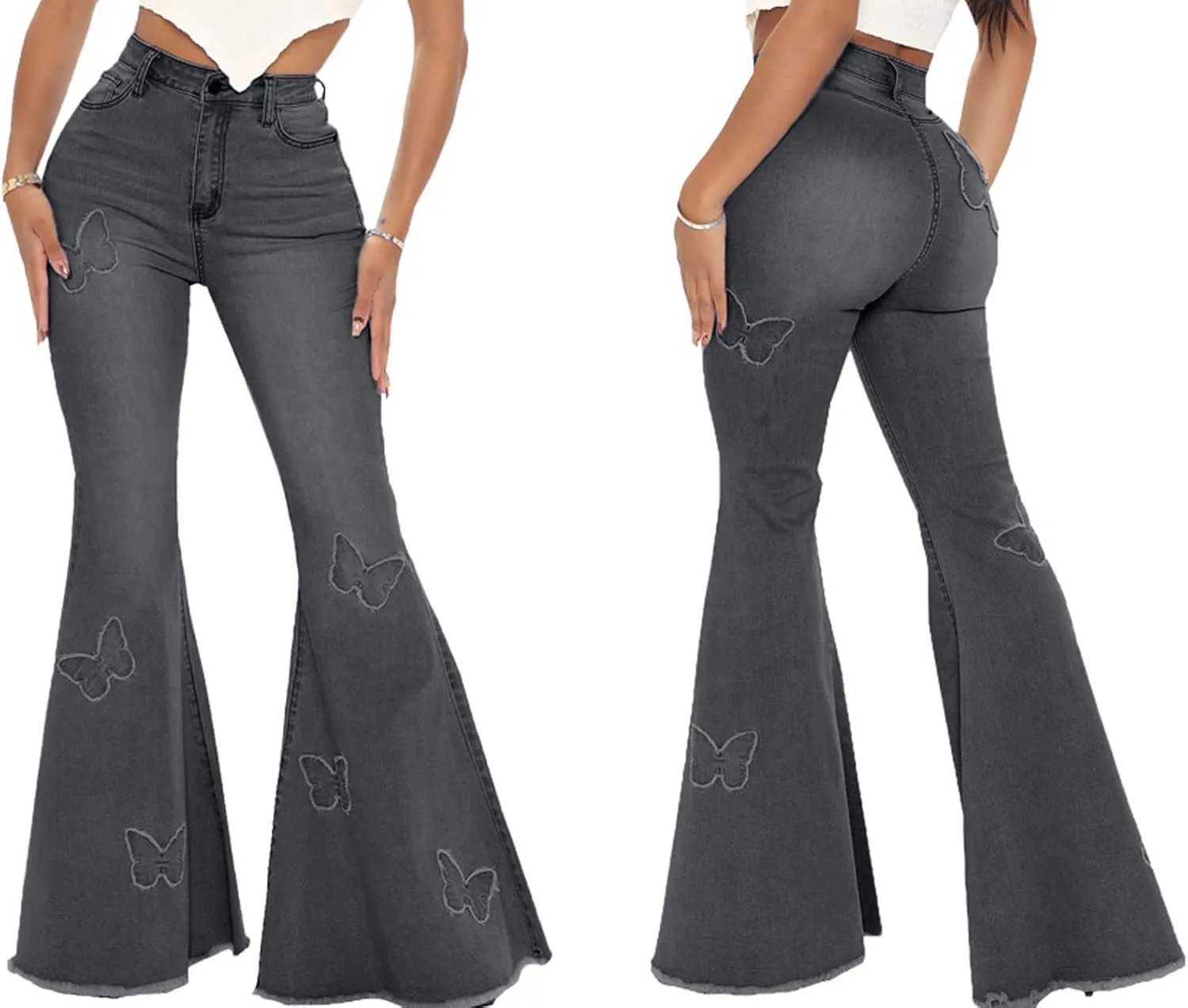 Women's Butterfly Bell Bottom Jeans Elastic High Waisted Embroidered Classic Flareed Jeans Raw Hem Denim Pants with Pocket