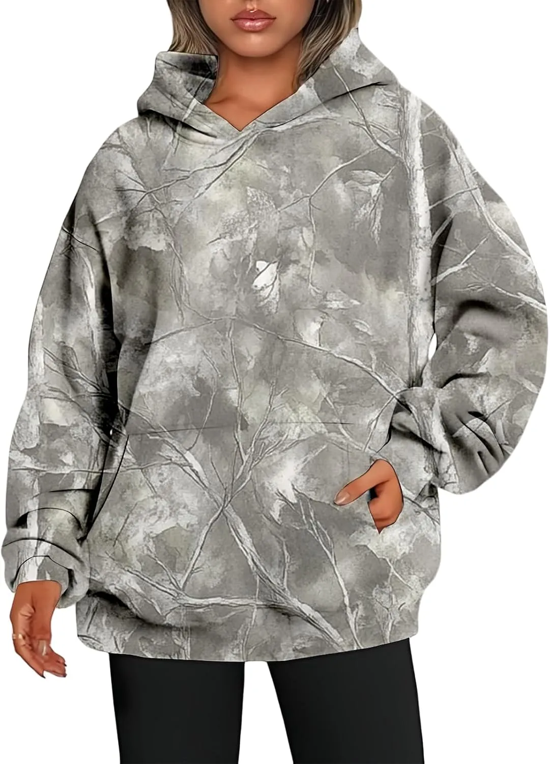 Women's Camo Hoodies Maple Leaf Print Oversized Hooded Sweatshirt Long Sleeve Fleece Pullover Hoodie Tops with Pockets