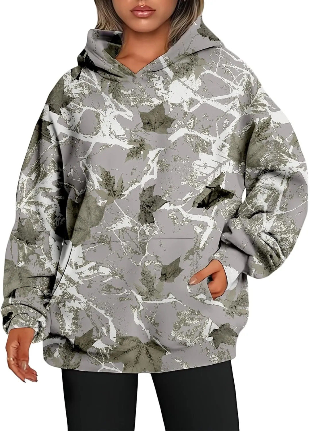 Women's Camo Hoodies Maple Leaf Print Oversized Hooded Sweatshirt Long Sleeve Fleece Pullover Hoodie Tops with Pockets