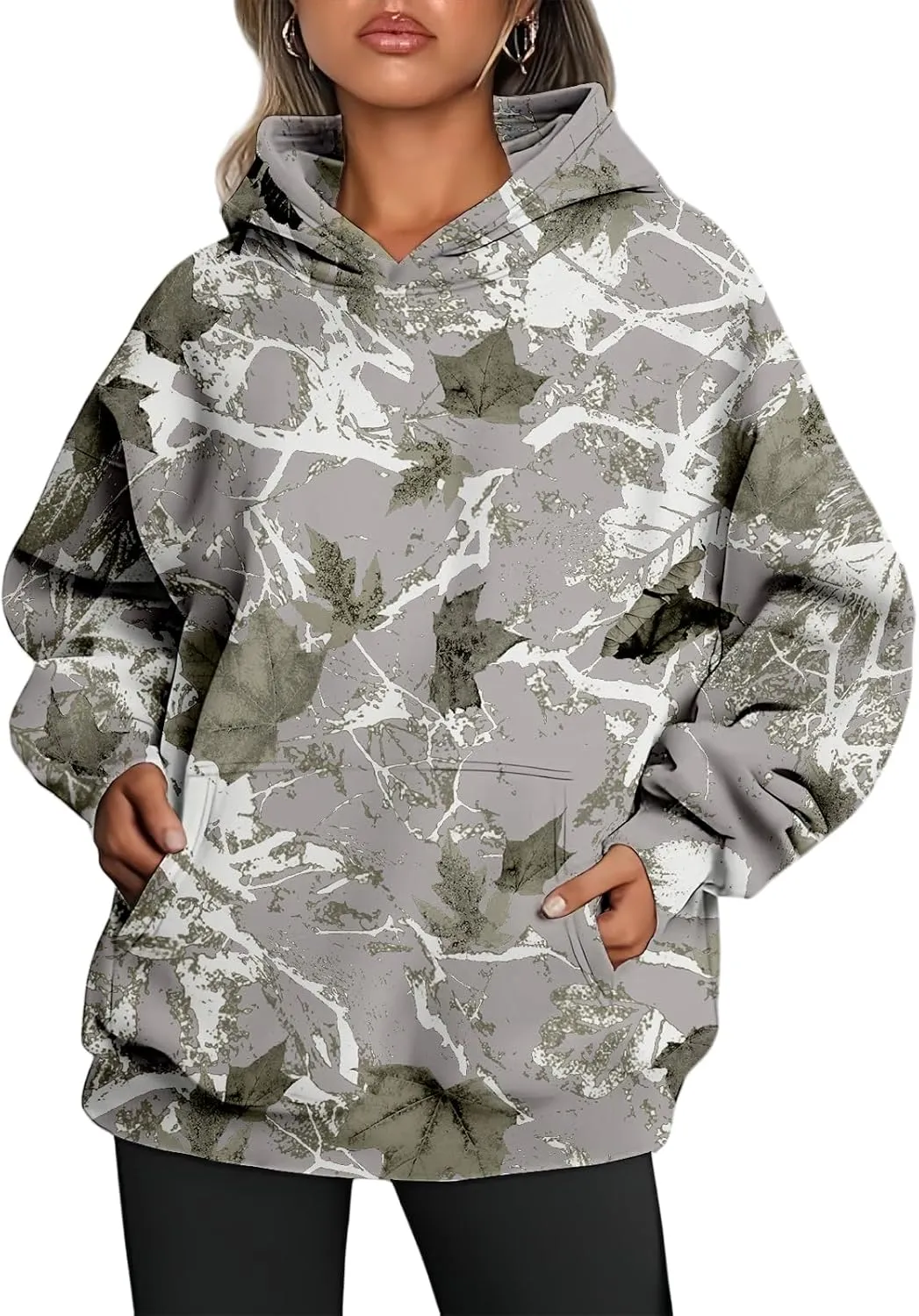 Women's Camo Hoodies Maple Leaf Print Oversized Hooded Sweatshirt Long Sleeve Fleece Pullover Hoodie Tops with Pockets