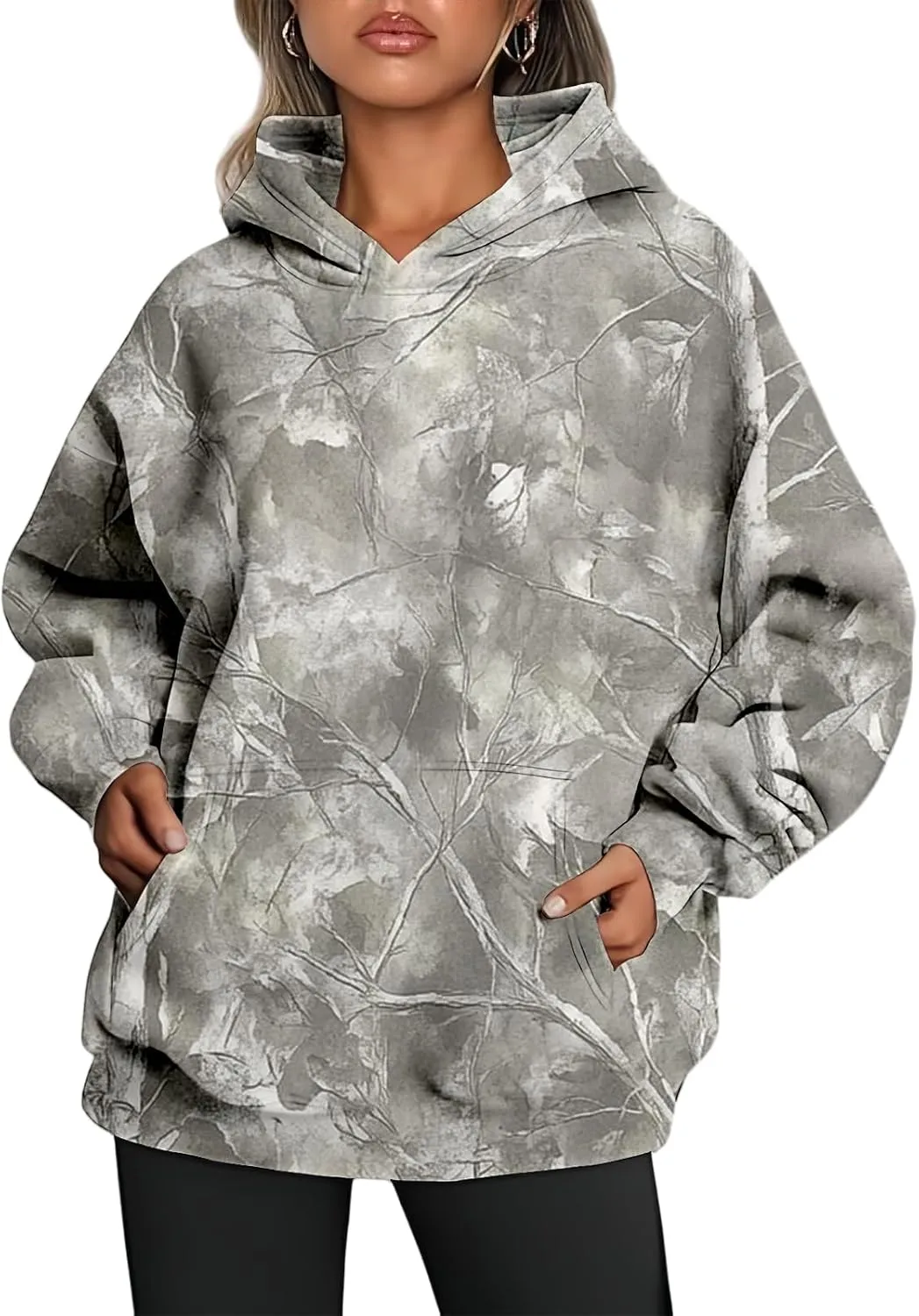 Women's Camo Hoodies Maple Leaf Print Oversized Hooded Sweatshirt Long Sleeve Fleece Pullover Hoodie Tops with Pockets