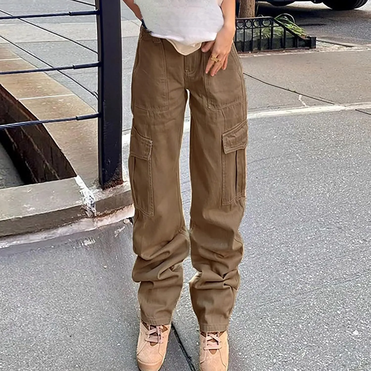 Womens Casual Distressed High Waisted Denim Pants Stretch Baggy Loose Wide Leg Jeans