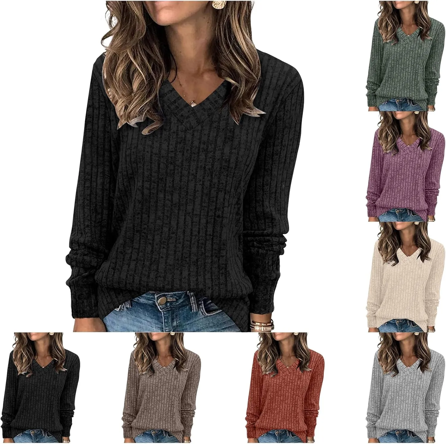 Womens Casual Sweaters Long Sleeve V Neck Shirts Ribbed Knit Tunic Pullover Fall Fashion Clothes