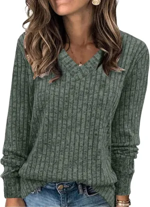 Womens Casual Sweaters Long Sleeve V Neck Shirts Ribbed Knit Tunic Pullover Fall Fashion Clothes