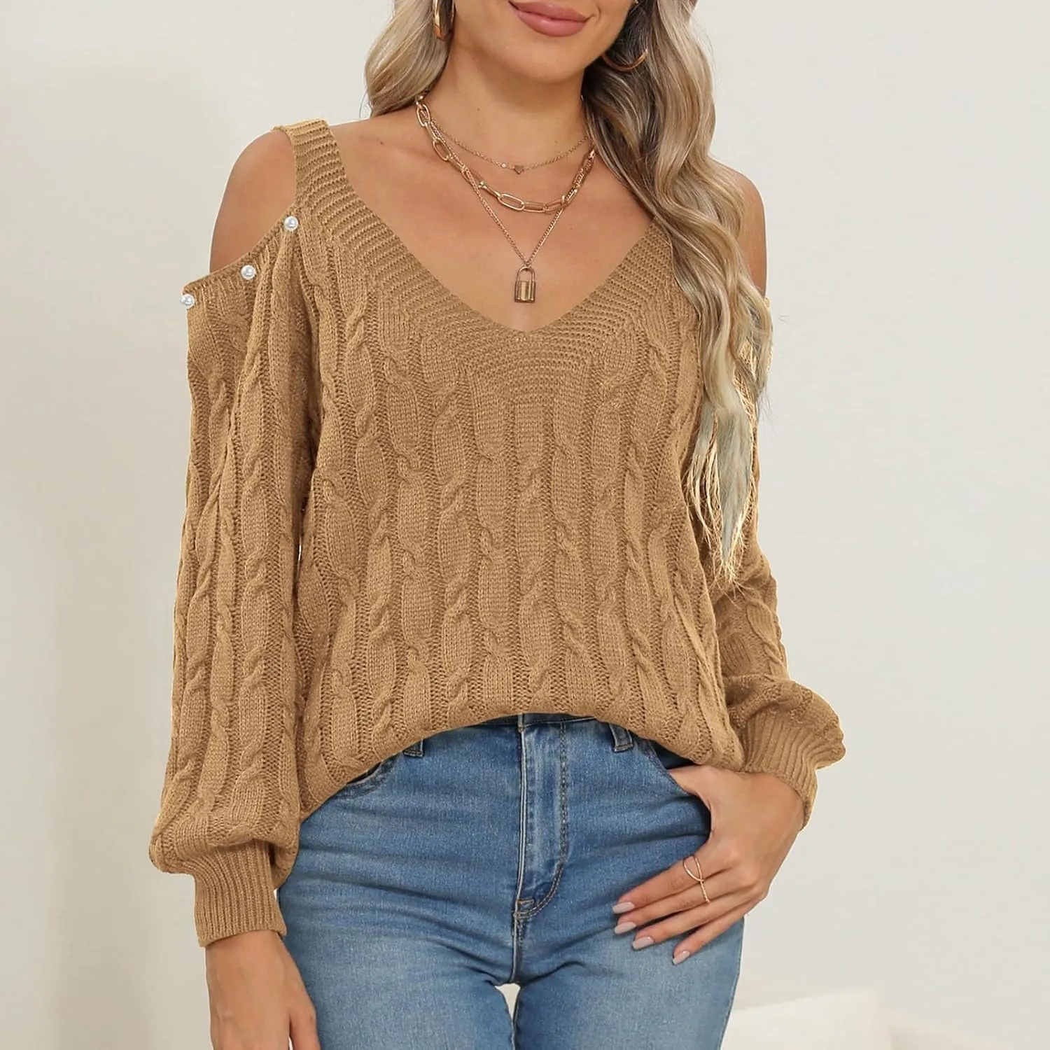 Women's Cold Shoulder Pullover Sweater Tops Long Sleeve Neck Fall Tunic Shirts Trendy Dressy Cute Blouse Plus Size
