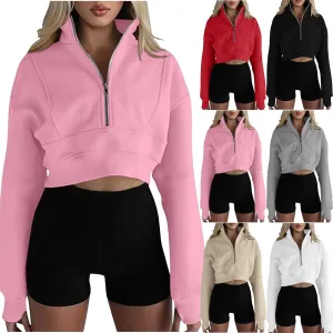 Womens Cropped Sweatshirts Zip Up High Neck Pullover Shirts Fleece Lined Teen Girls Y2k Clothes 2024
