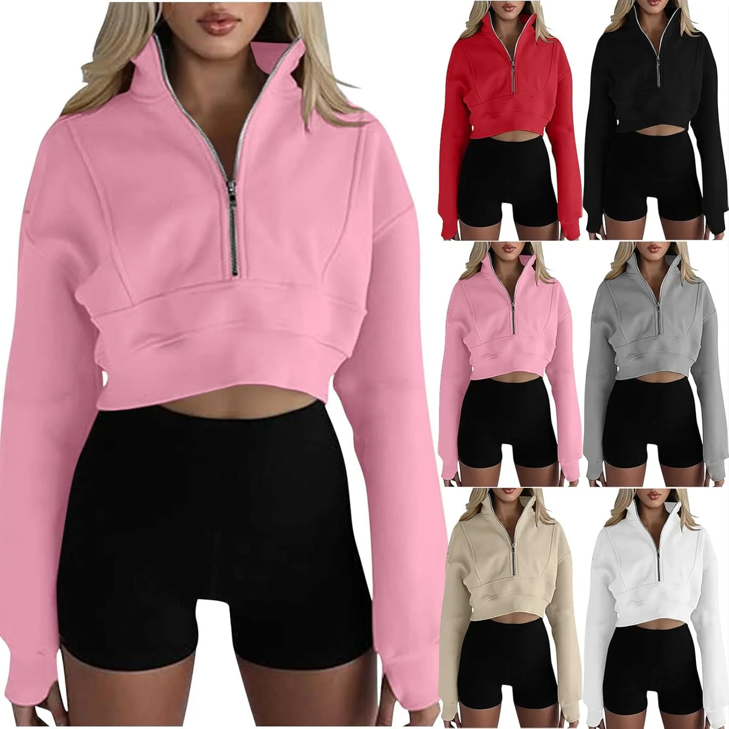 Womens Cropped Sweatshirts Zip Up High Neck Pullover Shirts Fleece Lined Teen Girls Y2k Clothes 2024