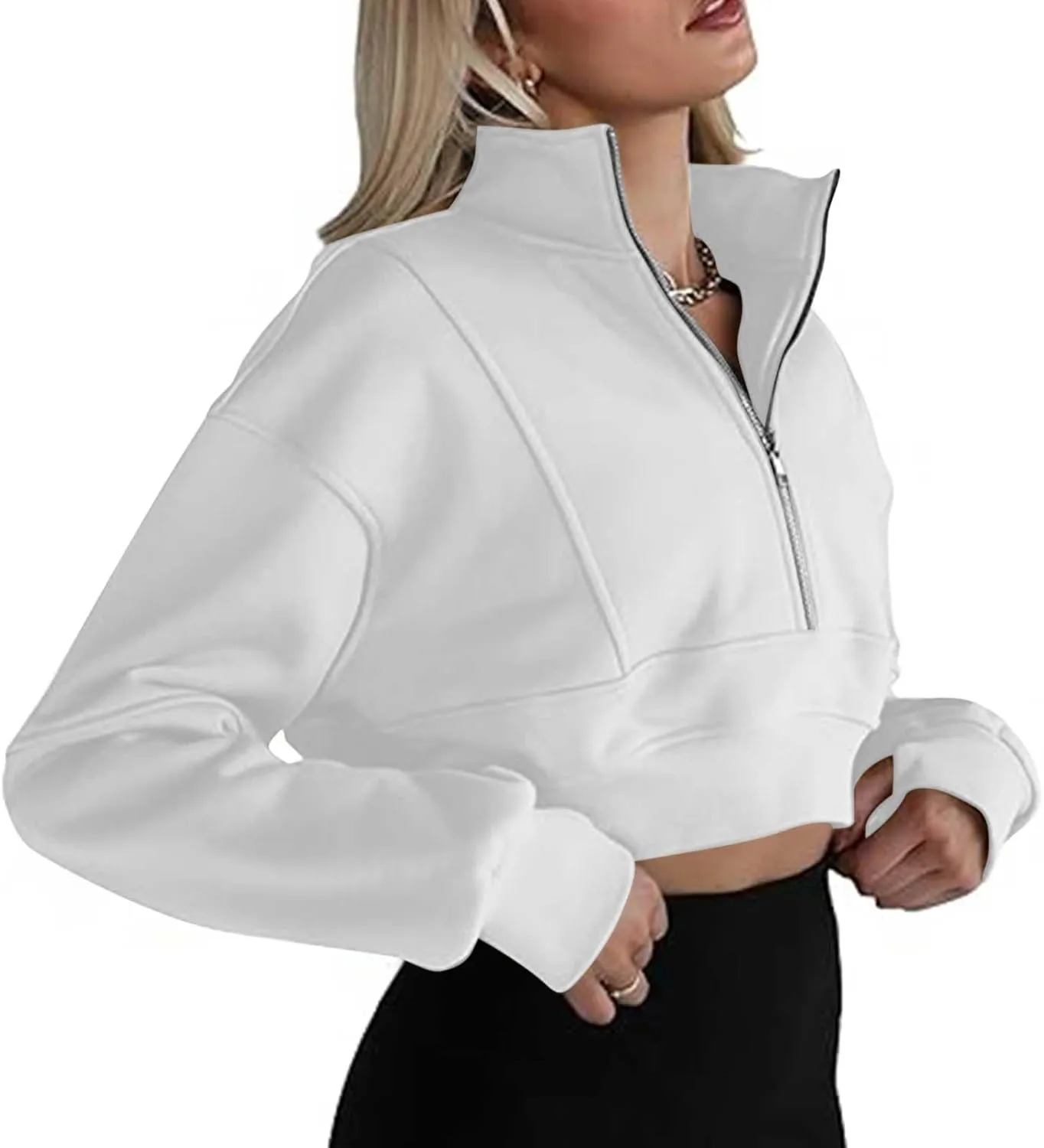 Womens Cropped Sweatshirts Zip Up High Neck Pullover Shirts Fleece Lined Teen Girls Y2k Clothes 2024