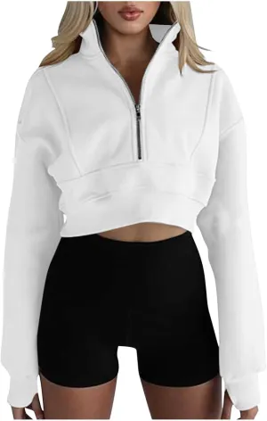 Womens Cropped Sweatshirts Zip Up High Neck Pullover Shirts Fleece Lined Teen Girls Y2k Clothes 2024