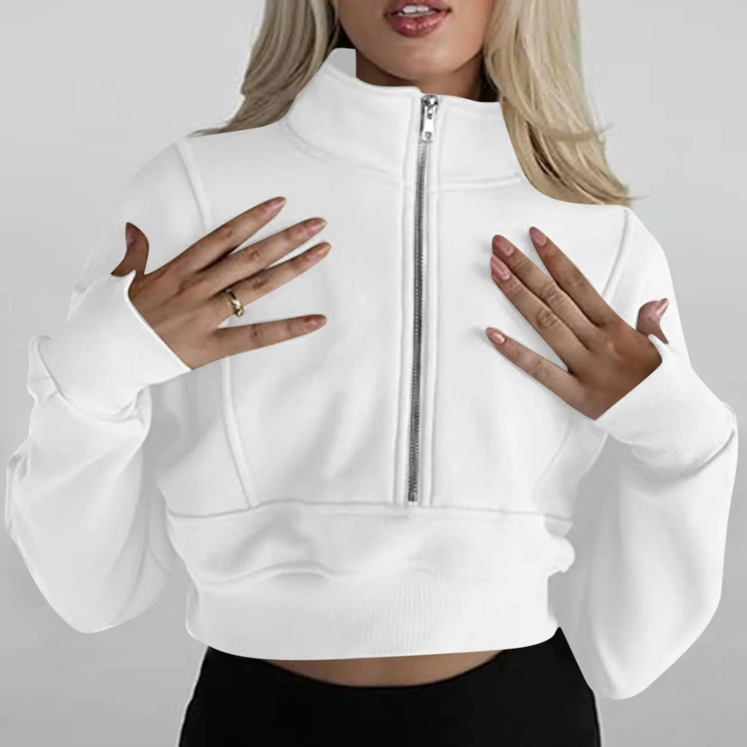 Womens Cropped Sweatshirts Zip Up High Neck Pullover Shirts Fleece Lined Teen Girls Y2k Clothes 2024