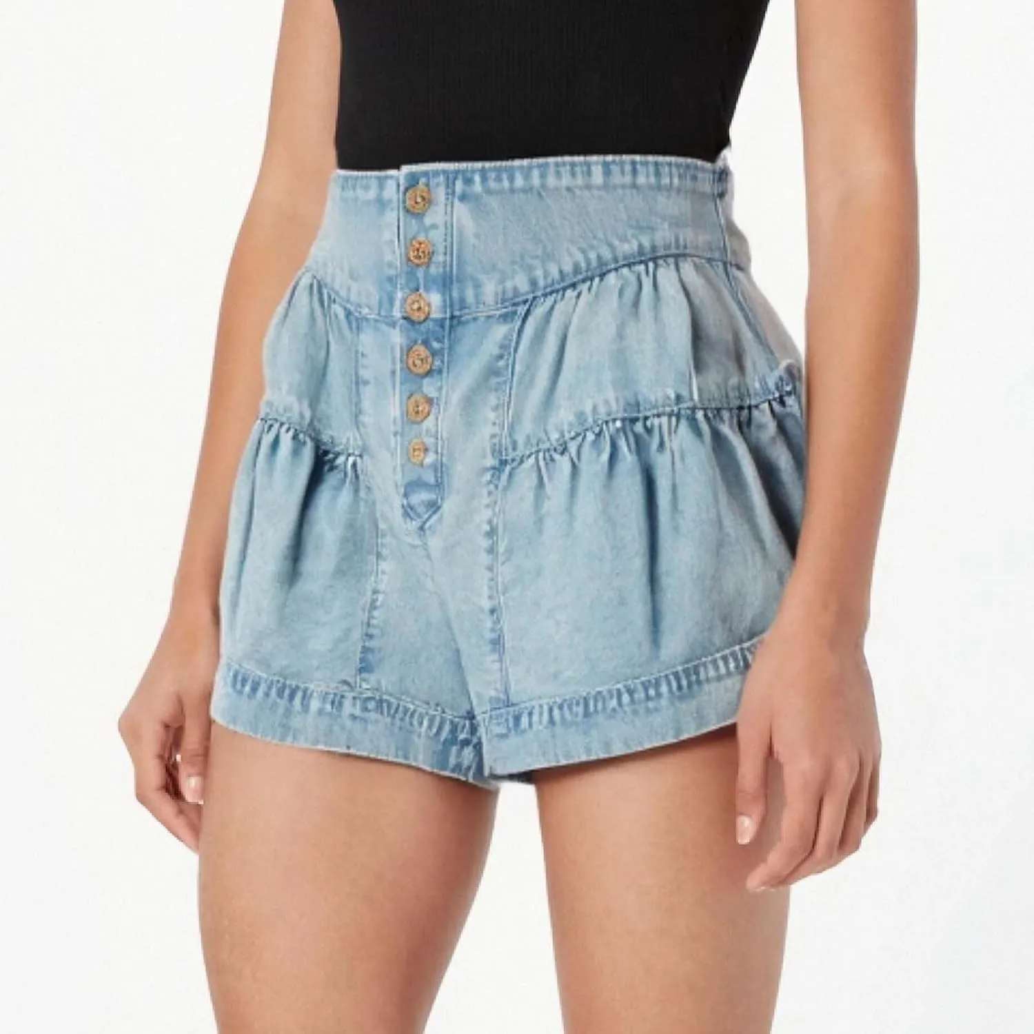 Womens Denim Shorts Summer Baggy High Waisted Flowy Wide Leg Buttons Pleated Casual Jean Shorts Fashion Ruffle Skorts