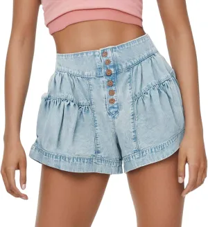 Womens Denim Shorts Summer Baggy High Waisted Flowy Wide Leg Buttons Pleated Casual Jean Shorts Fashion Ruffle Skorts