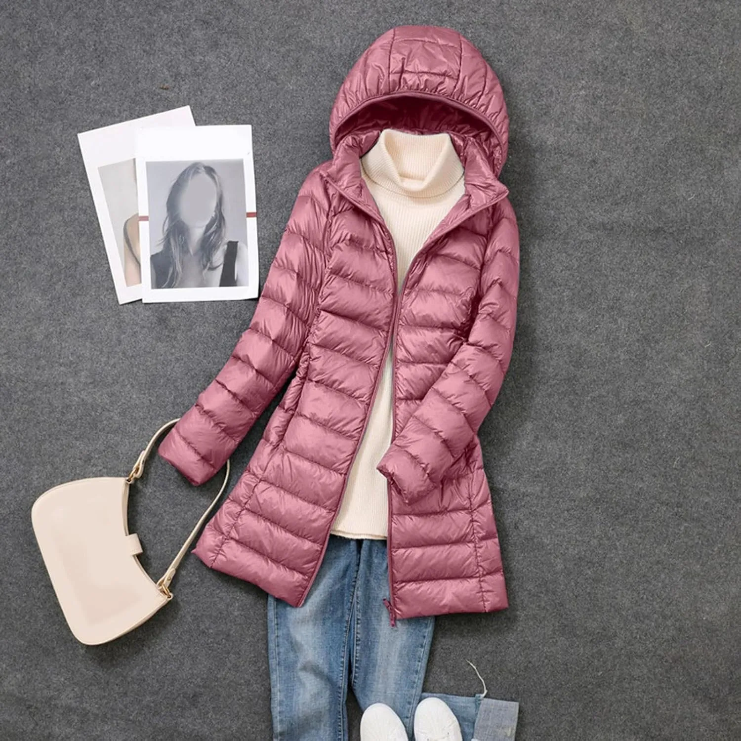 Women's Down Jacket Hooded Windproof Puffer Coat Packable Warm Winter Jacket Lightweight Ladies Parka Zipper Winter Autumn