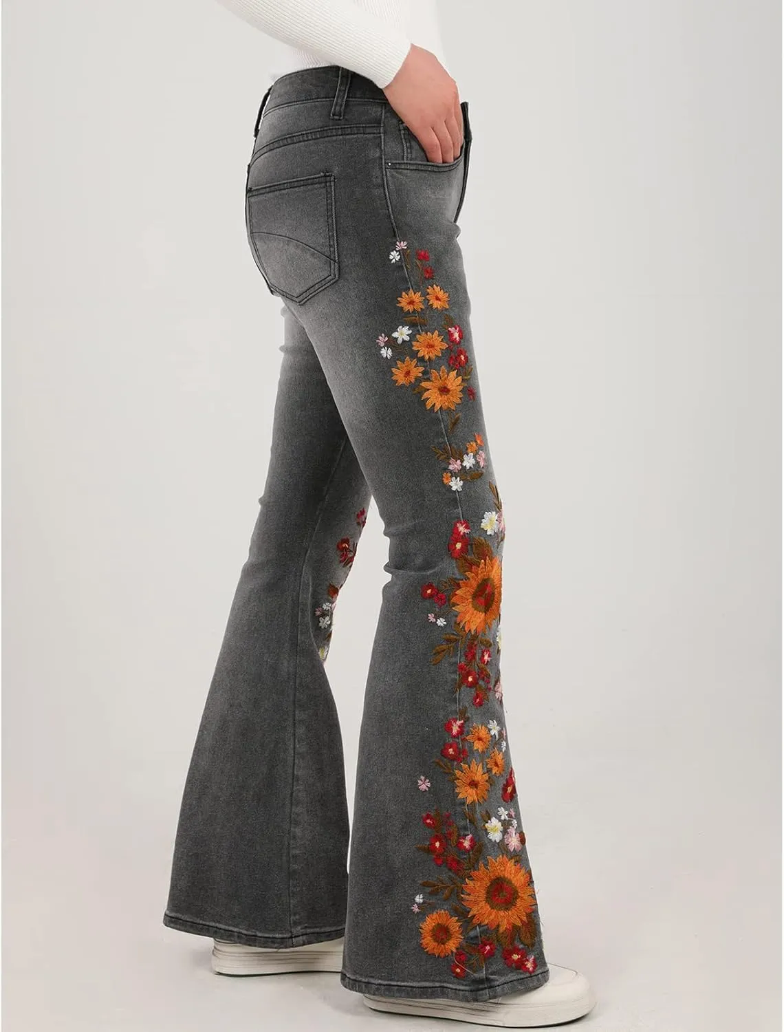 Women's Embroidered Bell Bottom Jeans Stretch Flared Fit Wide Leg Denim Pants