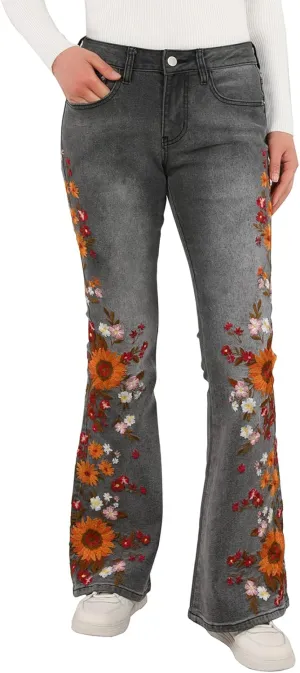 Women's Embroidered Bell Bottom Jeans Stretch Flared Fit Wide Leg Denim Pants