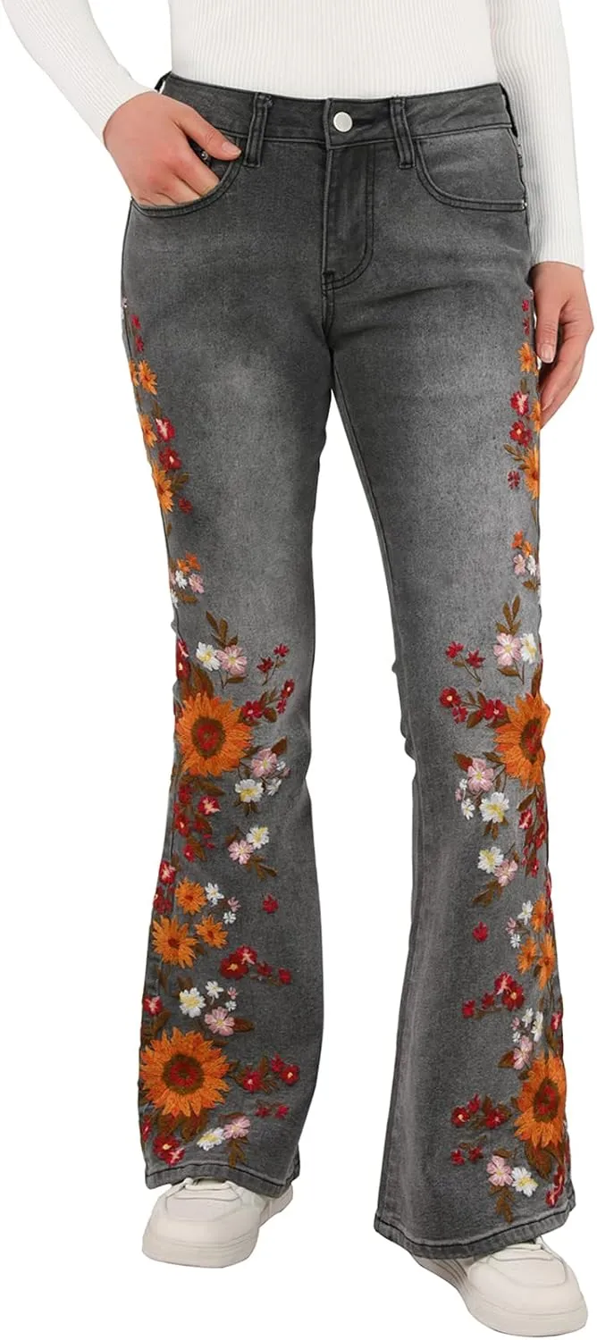 Women's Embroidered Bell Bottom Jeans Stretch Flared Fit Wide Leg Denim Pants