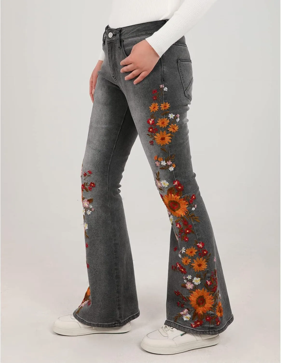 Women's Embroidered Bell Bottom Jeans Stretch Flared Fit Wide Leg Denim Pants