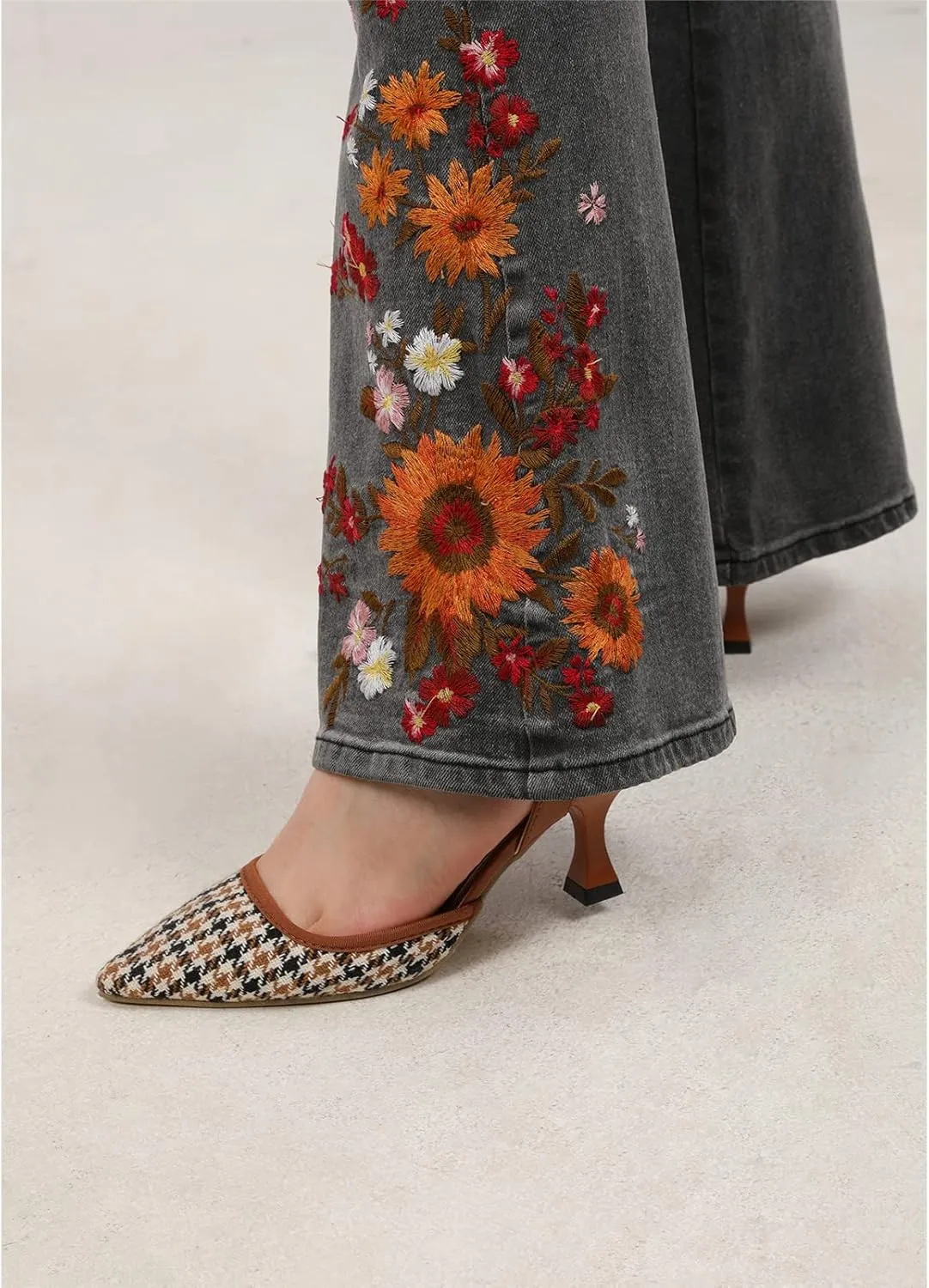 Women's Embroidered Bell Bottom Jeans Stretch Flared Fit Wide Leg Denim Pants
