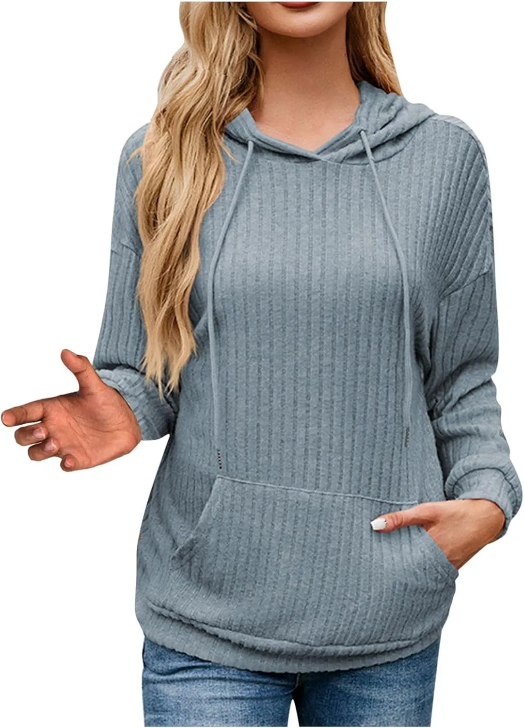 Womens Fall Sweatshirts 2024 Baggy Lounge Knitted Hooded Blouses Shirts Loose Long Sleeve Pullover Casual Tunic Tops