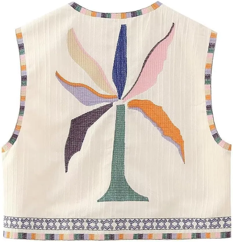 Women's Fashion Embroidered Vest Open Front Linen Ethnic Floral Crochet Tank Top Quilted Cotton Cowgirl Vest Jacket