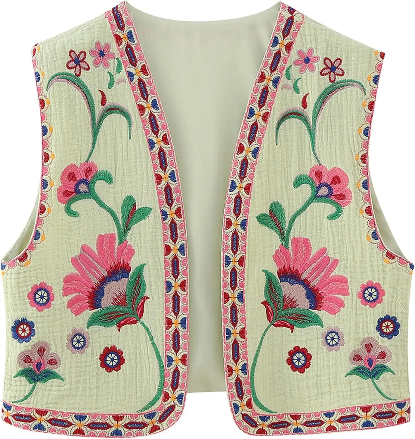 Women's Fashion Embroidered Vest Open Front Linen Ethnic Floral Crochet Tank Top Quilted Cotton Cowgirl Vest Jacket