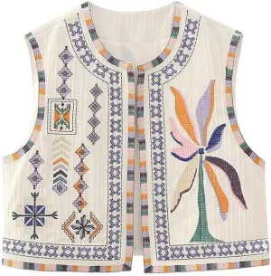 Women's Fashion Embroidered Vest Open Front Linen Ethnic Floral Crochet Tank Top Quilted Cotton Cowgirl Vest Jacket